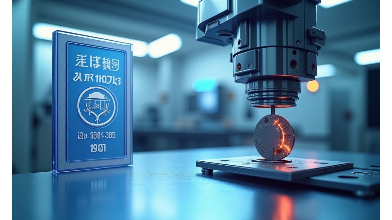 ISO 9001:2015 인증서와 정밀 금속 검사 장비가 함께 보이는 작업 공간